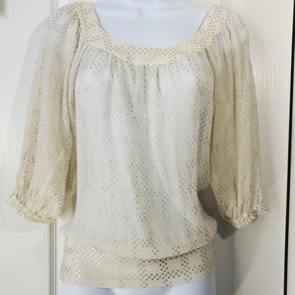 GUESS Party Boho Peasant Shirt Champaign Gold Scooping Neck Open Back Small - Picture 2 of 7